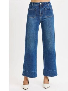 ZARA HIGH RISE SCULPT FLARED DISTRESSED JEANS  FRONT PATCH POCKETS WOMENS SZ 8